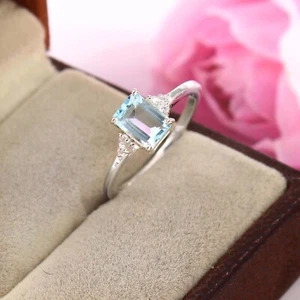 Aquamarine Ring, 5x7 MM Emerald cut Aquamarine, March Birthstone, Silver Ring - Picture 1 of 4