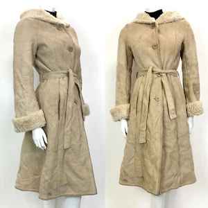 Vintage 60er 70er SAND BEIGE WILDLEDER SCHEREN GÜRTEL KAPUZENMOD BOHO PRINZESSINNENMANTEL 8 10 - Bild 1 von 7