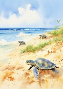 PRINT ACEO Art Card Baby Turtles in the beach Animal Limited Edition