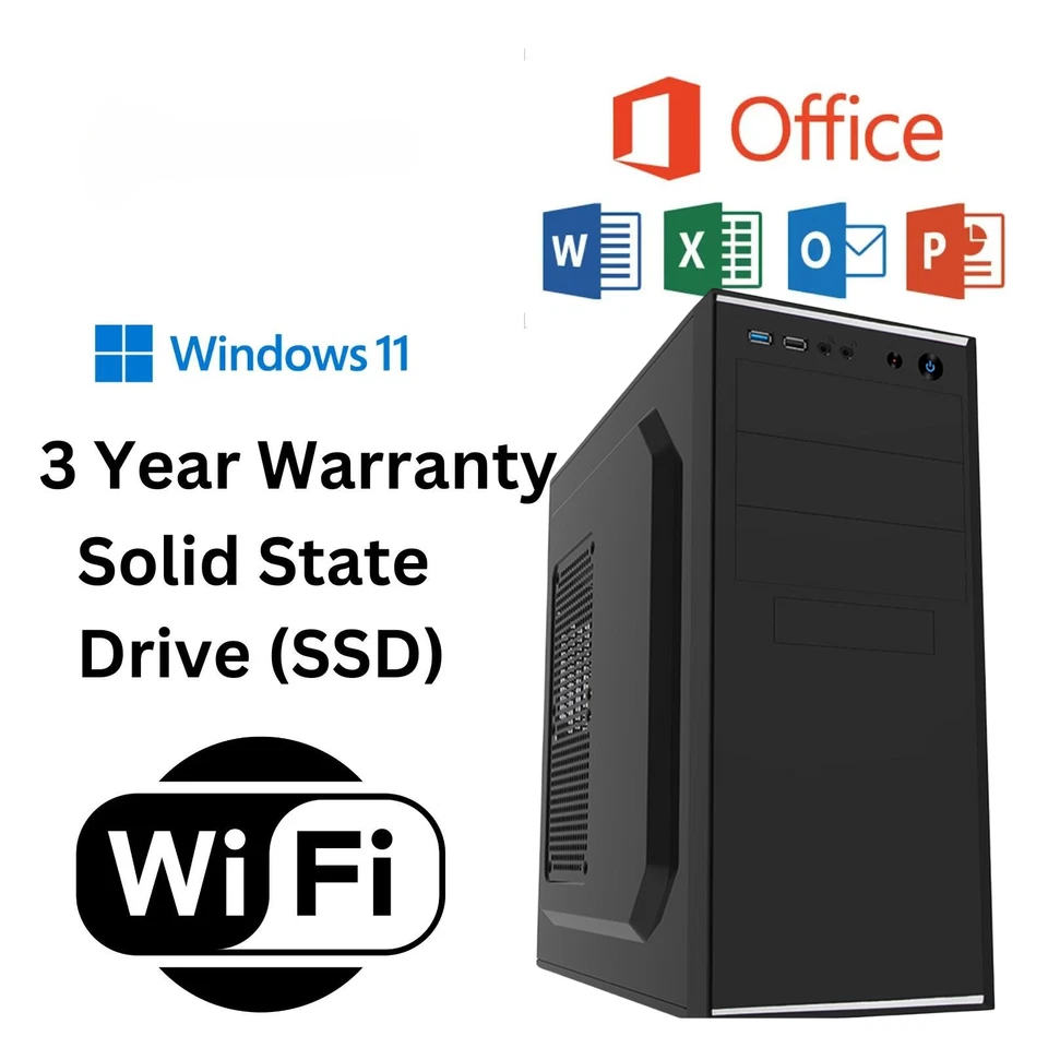 Desktop PC Budget i3 14100 8GB RAM 256GB SSD Office 2024 DVD/CD Drive Windows 11 - Image 1 of 1