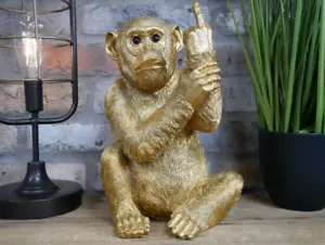 Rude Monkey Ornament Cheeky Gold Animal Statue Middle Finger Up Chimp Sculpture - Picture 1 of 11