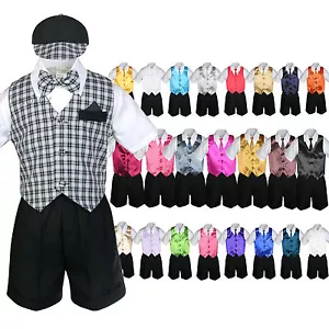 Baby Boy Toddler 7pc Checkered Vest Black Shorts Suit Extra Color Vest Necktie - Picture 1 of 30