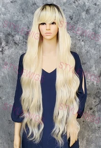 Light Blonde w/ Dark Brown Roots Extra Long Loose Beach Waves Heat OK Wig EVBN - Picture 1 of 8