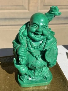 Vintage 8 1/4" Green Faux Jade Happy Smiling Buddha Oriental Statue W/ Moneybag - Picture 1 of 11