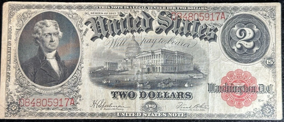 1917 Large Size Two Dollar $2 RED SEAL United States Legal Tender Note - Image 1 of 4