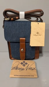 NWT Patricia Nash Brown Leather Lari Crossbody w/ Denim Shoulder Bag Colorblock - Picture 1 of 15