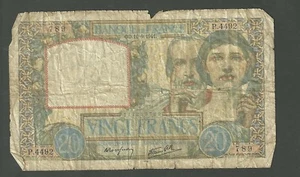 1941 Francia 20 francos de Vingt selección #92B billete del mundo moneda papel moneda  - Imagen 1 de 2