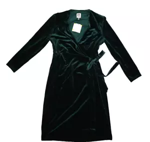 Anne Klein Velvet Wrap Sheath Dress V-Neck Tie Waist 3/4 Sleeve Green Womens M - Picture 1 of 10