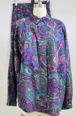 Geiger Austria Fine Wool Challis Skirt & Blouse Purple Paisley Mint 44/14 M-L  - Image 1 of 4