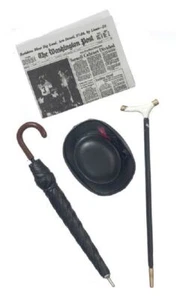 Melody Jane Dolls House Gentleman's Hat Cane Newspaper & Umbrella Accessory Set - Picture 1 of 8