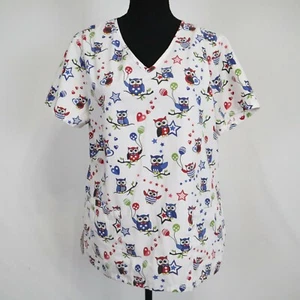 SB Scrubs Top Womens Small Patriotic Owls Short Sleeve V-Neck Medical Uniform - Picture 1 of 8