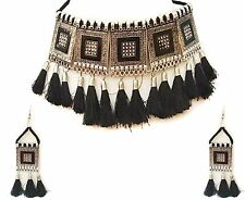 Traditional Afghani Style Black Thread Choker Necklace Set Black For Womens