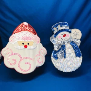 Santa & Snow Men sequins beaded boxes8”x5”x3” satin covers in and out - Picture 1 of 12