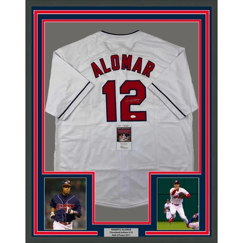 Framed Autographed/Signed Roberto Alomar 33x42 Cleveland White Jersey JSA COA Cover