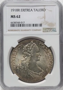 ITALY - ERITREA , SILVER TALLERO 1918 VITTORIO EMANUELE III - NGC MS 62 , RARE8 - Picture 1 of 2