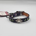NEW LEATHER DOG COLLAR "DIAMONTE" 7"-8.5" BLUE W/ GREEN CRYSTALS MADE IN USA 