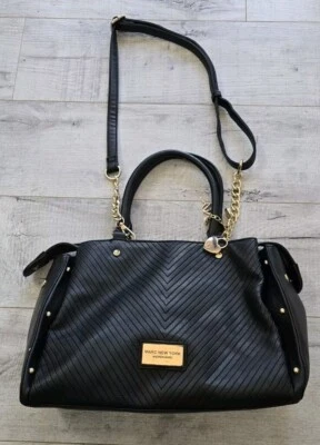 Andrew Marc Large Satchel Black With Gold Studded ChevronTrinket Chain 3 Pockets - Image 1 of 4