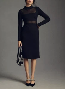 Anthropologie Maeve Black Long Sleeve Mock Neck Sheer Side-Slit Dress Petites MP - Picture 1 of 9