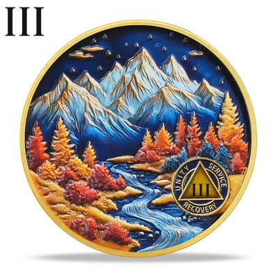 3 Year Sobriety Coin Autumn Mountain AA Chips  And Medallion Gifts For Men Women - Image 1 of 4