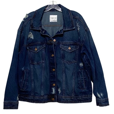 Womens Distressed Jean Jacket L Dark Blue Wash Boho Hippie Western Grunge Denim - Image 1 of 4