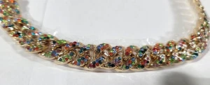 New Chunky Curb Link Necklace Inlaid Colorful Pave Crystals Gold Tone D-88 - Picture 1 of 11