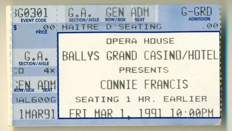 1991 Конни Фрэнсис концерт билет заглушка - Bally's Grand Atlantic City 03/01/91 - Изображение 1 из 1