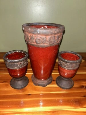Set Of 3 Hibiscus Burgundy And Brown Ceramic Floor Vase or Planter - Image 1 of 4