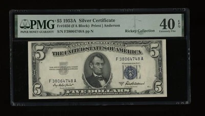 DBR 1953-A $5 Silver Fr. 1656 FA Block PMG XF-40 EPQ Serial F38064748A - Image 1 of 2