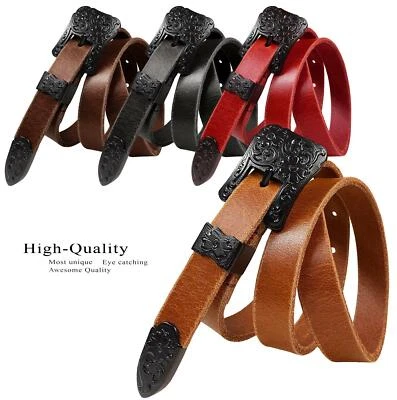 Women's Belt Floral Engraved Buckle Genuine Full Leather Dress Belt 3/4" Wide - Image 1 of 4