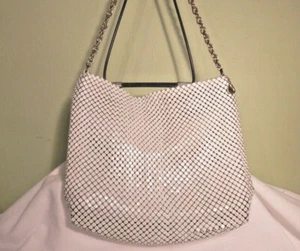 VINTAGE WHITING & DAVIS White Mesh Enamel Shoulder bag Purse*70s Silvr/Gld Chain - Picture 1 of 12