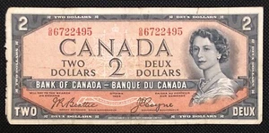 1954 Bank of Canada $2 Two Dollar Banknote BC-30b Beattie / Coyne Devil's Face - Bild 1 von 2