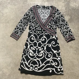 White House Black Market Dress Womens M Black White Red Patterned Faux Wrap - Picture 1 of 10