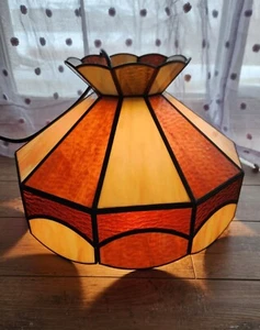 Vintage Tulip Flower 10 Panel Swag Stained Glass Hanging Lamp Light Plug In 18" - Picture 1 of 9