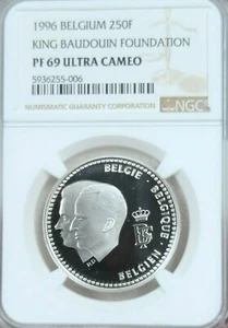 1996 BELGIUM SILVER 250 FRANCS KING BAUDOUIN FOUNDATION NGC PF 69 ULTRA CAMEO - Picture 1 of 3