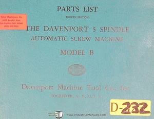 Davenport Modelo B, Máquina de tornillo, husillo 5, lista de piezas y manual de ilustraciones - Imagen 1 de 3