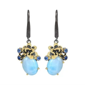 Larimar Blue Sapphire Gemstone Jewelry Sterling Silver Handmade Dangle Earrings - Picture 1 of 6