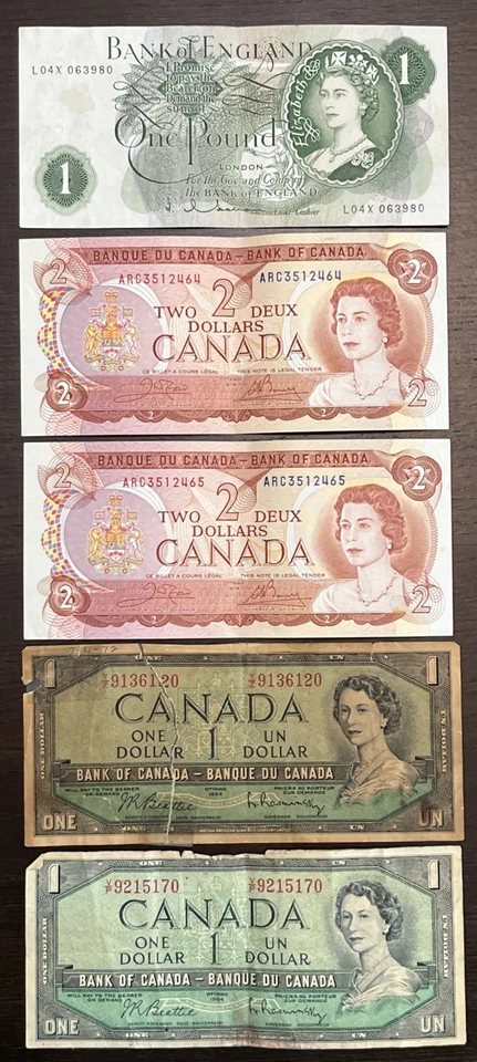 1954 $1 1974 $2 Canada & 1970's £1 England SOME UNC, IN SERIES, QEII 5 Notes - Image 1 of 3