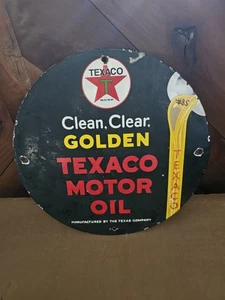 VINTAGE TEXACO GASOLINE PORCELAIN 12" GOLDEN GAS MOTOR SERVICE STATION PUMP SIGN - Picture 1 of 4