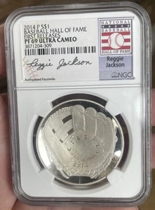 2014 P 1$ Baseball H.O.F. Silver Proof NGC PF69 Ultra Cameo Reggie Jackson Rare - Picture 1 of 2