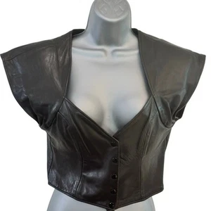 Overland Sheepskin Vintage Women’s Batwing Black Leather Vest Size M Excellent - Picture 1 of 14