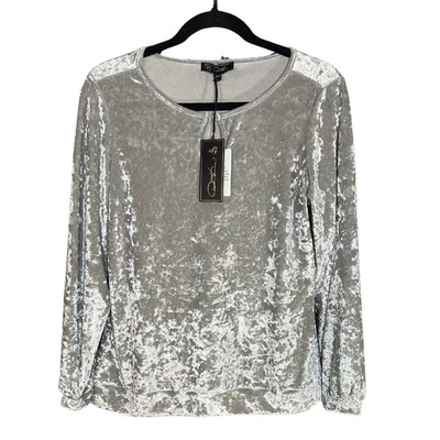 DG2 By Diane Gilman Front Keyhole Silver Crushed Velvet Long Sleeve Top Size Sm - Image 1 of 4