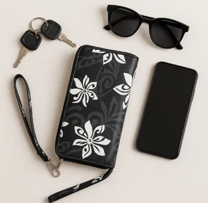 Happy Wahine Negro Blanco Floral Muñequera Cartera Cartera Cremallera Alrededor Estampado Hawaiano - Imagen 1 de 8
