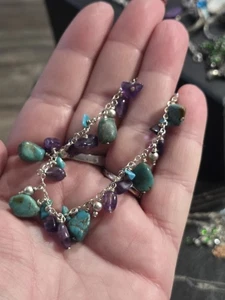 Genuine Turquoise And Amethyst Freeform 925 Bracelet. Beautiful! - Picture 1 of 4