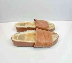 Beek Leather Women Size 9 Pelican Shearling Platform Slides Cognac Wool Leather - Picture 1 of 13
