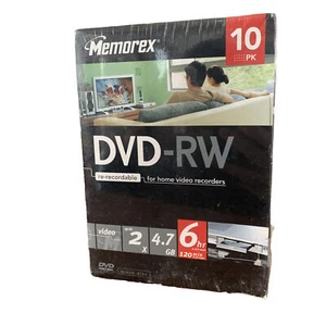 DVD-RW discs 10 Pack 2x 4.7GB 120 mins Rewritable Cases. Sealed Memorex Blank - Picture 1 of 5
