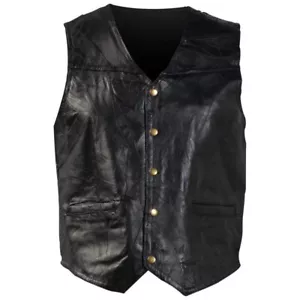 Black Genuine Leather Vest Men's Classic Biker Motorcycle MC Lined Pockets Small - Picture 1 of 2