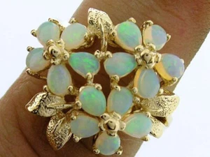 R192 Genuine 9K Gold Natural Solid Australian Opal FLower Blossom Bouquet Ring - Picture 1 of 6