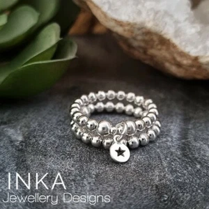 925 Sterling Silver stacking Rings set of 2 with star Charm beaded Stretch INKA - Picture 1 of 6