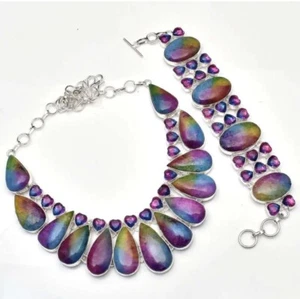 Way Over The Rainbow Solar Quartz Bi-Color Big Necklace+Bracelet Jewelry 166 Gms - Picture 1 of 3
