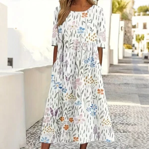 Women Floral Boho Printed Midi Dress Summer Holiday Beach Pockets Smock Dresses - Picture 1 of 7